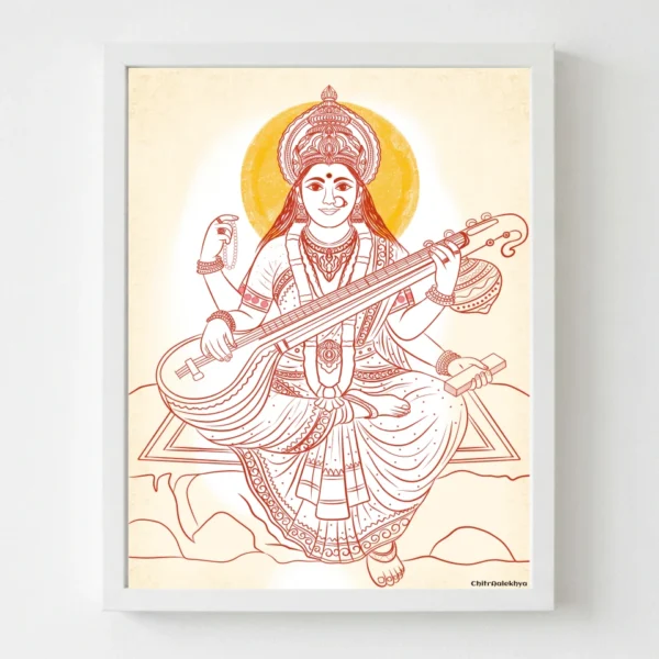 Veenavadini The Silent Melody Goddess Saraswati minimalist fine line art by Chitraalekhya