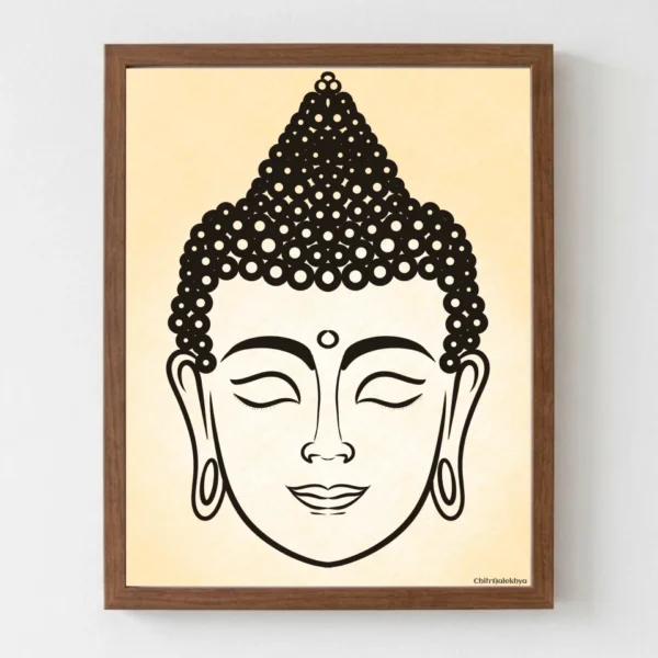 Minimalist Buddha Face black line art painting depicting half-closed eyes and serene smile by Chitraalekhya