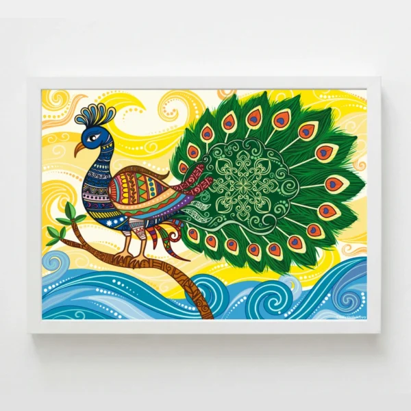 Citramayurah vibrant peacock painting with detailed plumage and royal motifs by Chitraalekhya