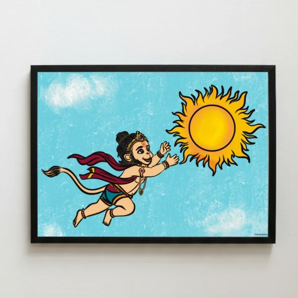 Bal Hanuman Suryagrahan artwork depicting young Hanuman reaching for the Sun by ChitrAalekhya