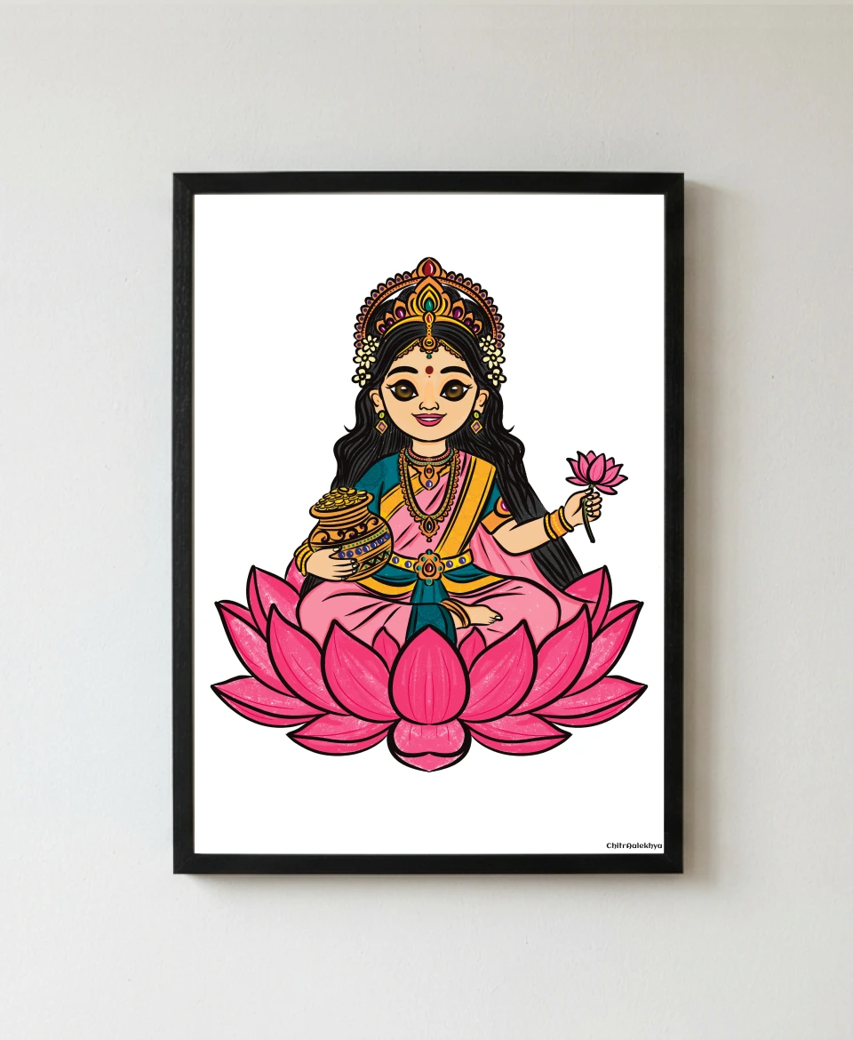 Bal Lakshmi child-friendly artwork of Goddess Lakshmi with a pot of gold coins by ChitrAalekhya