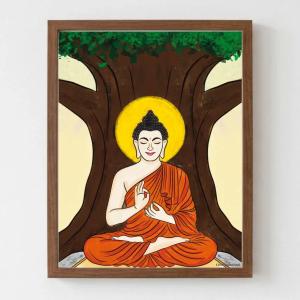 Bodhi Vriksha Buddha artwork featuring a serene Buddha silhouette beneath a vibrant Bodhi tree by ChitrAalekhya