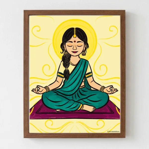 Dhyana Bala A4 meditation art print with minimalist line art and subtle colours by ChitrAalekhya