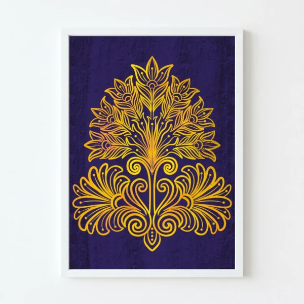 Kanakojjvala artwork featuring golden symmetrical floral linework on a textured purple background by ChitrAalekhya