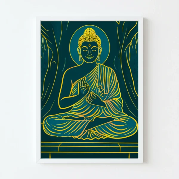 Suvarnojjvala Buddha – Teal and Yellow Buddha Art
